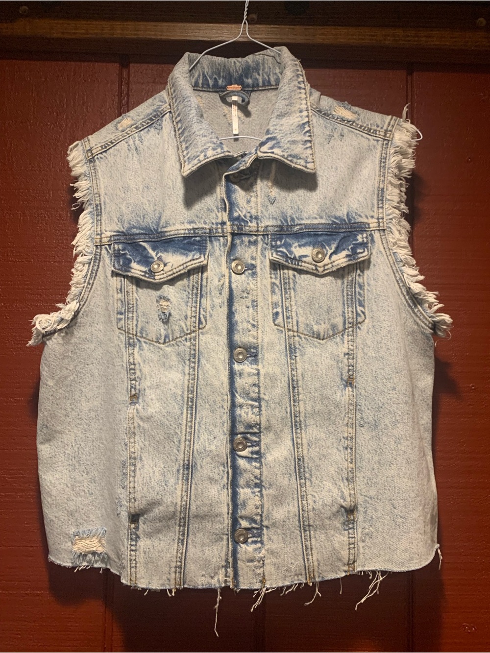 Free People Zoe Distressed Light Blue Acid Was Denim Vest